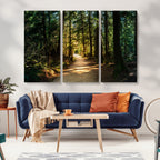 Sunlit Forest Pathway Canvas Print | 3 Panel Large Nature Wall Art
