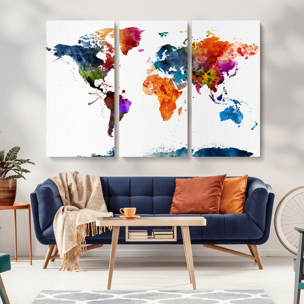 Bold Colorful World Map Canvas Print | Detailed Map of the World Wall Art