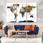Modern Abstract World Map Canvas Wall Art | Framed Blue and Gold Map Print