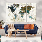 Vintage World Map Wall Art Canvas Print, Framed Rustic Earth Tone Map