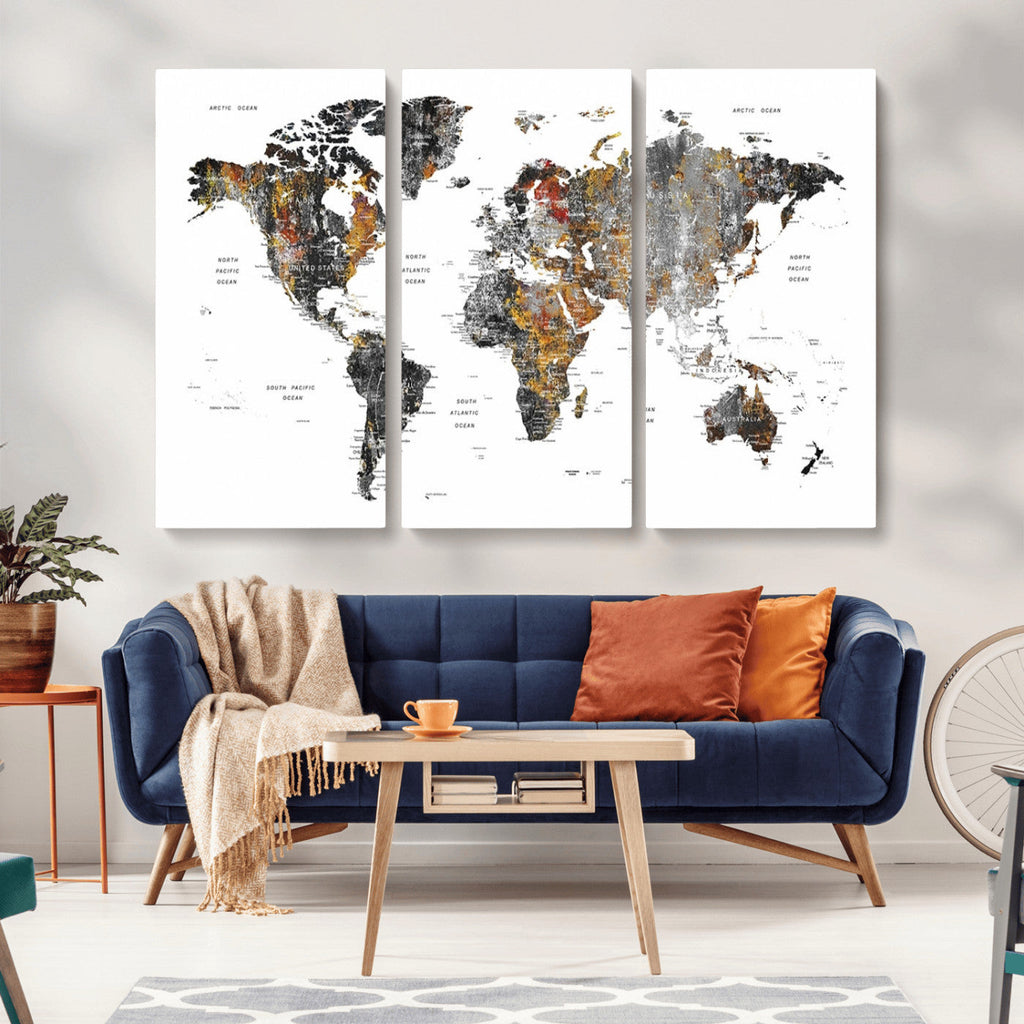 Modern Metallic World Map Canvas Wall Art | Framed Contemporary World Map Print