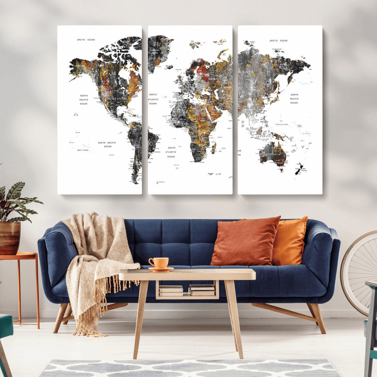Modern Metallic World Map Canvas Wall Art | Framed Contemporary World Map Print