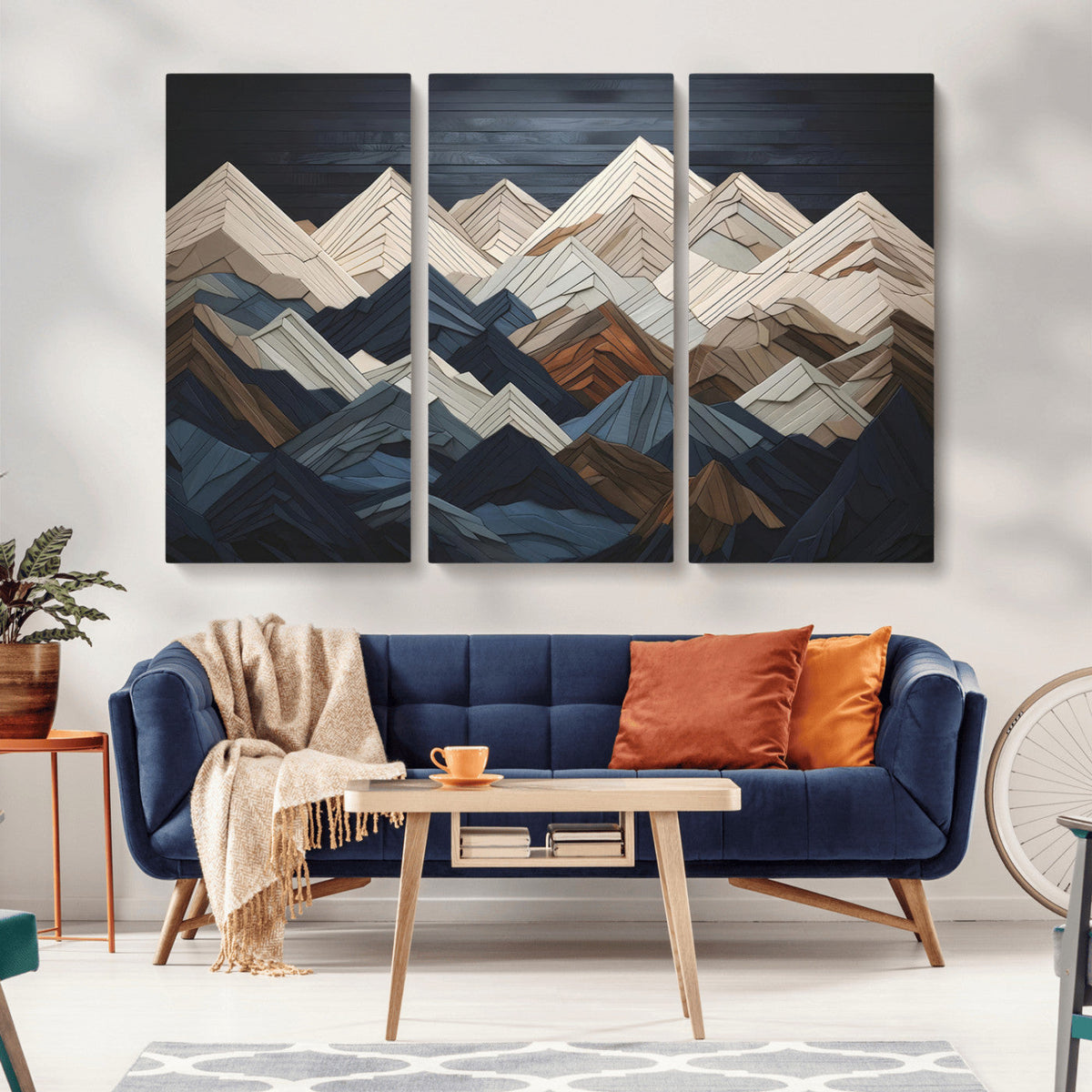 Rustic Mountain Landscape Wall Art Canvas Print, Framed 3D Wooden Effect Mountain Art