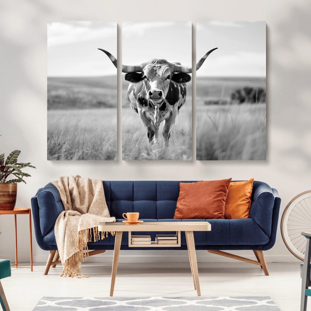 Texas Cow Longhorn Wall Art Canvas Print for Farm House Wall Art, Framed and Ready to Hang
