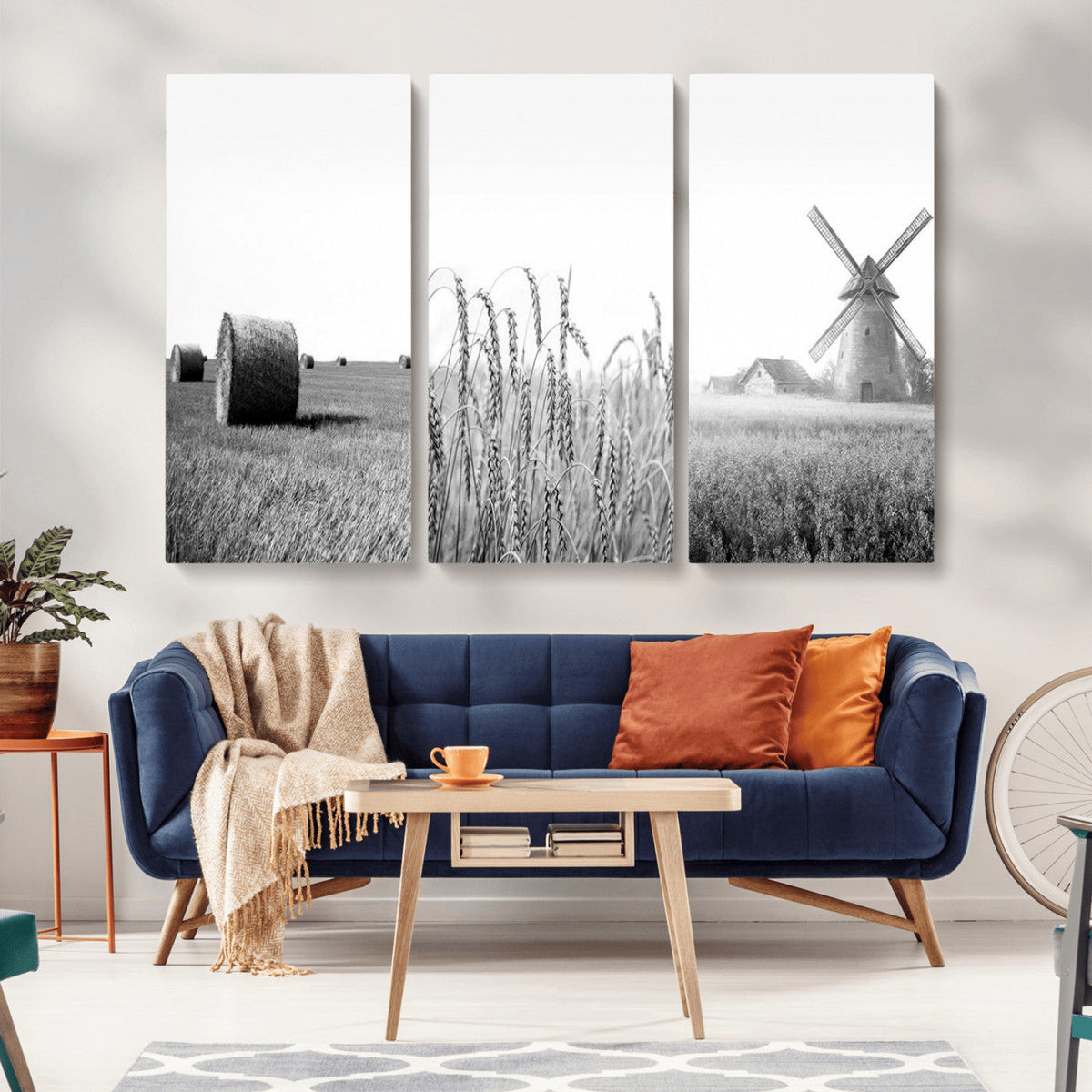 Vintage Farmhouse Black and White Triptych Wall Art, Giclee Canvas with Wheat Fields, Hay Bales and Windmill