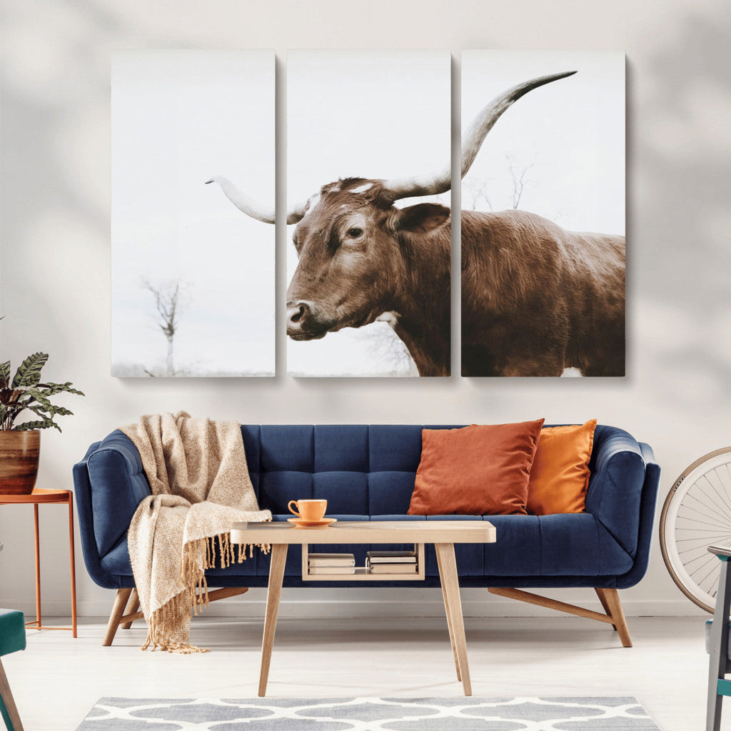 Rustic Bull Wall Art Canvas Print, Modern Longhorn Farmhouse Animal Decor