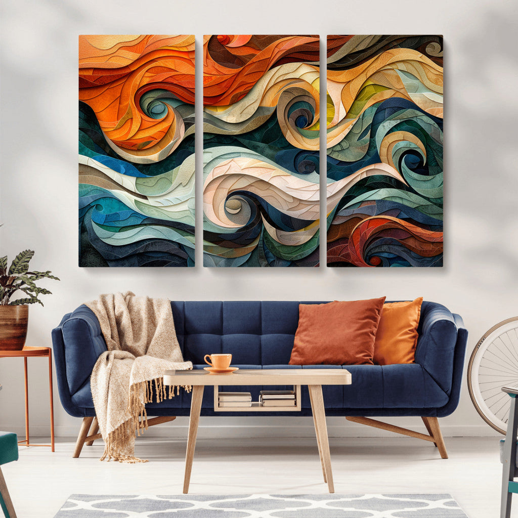 Abstract Wave Wall Art, Ready to Hang Framed Canvas Print | Extra Large 3 Piece Canvas Wall Art