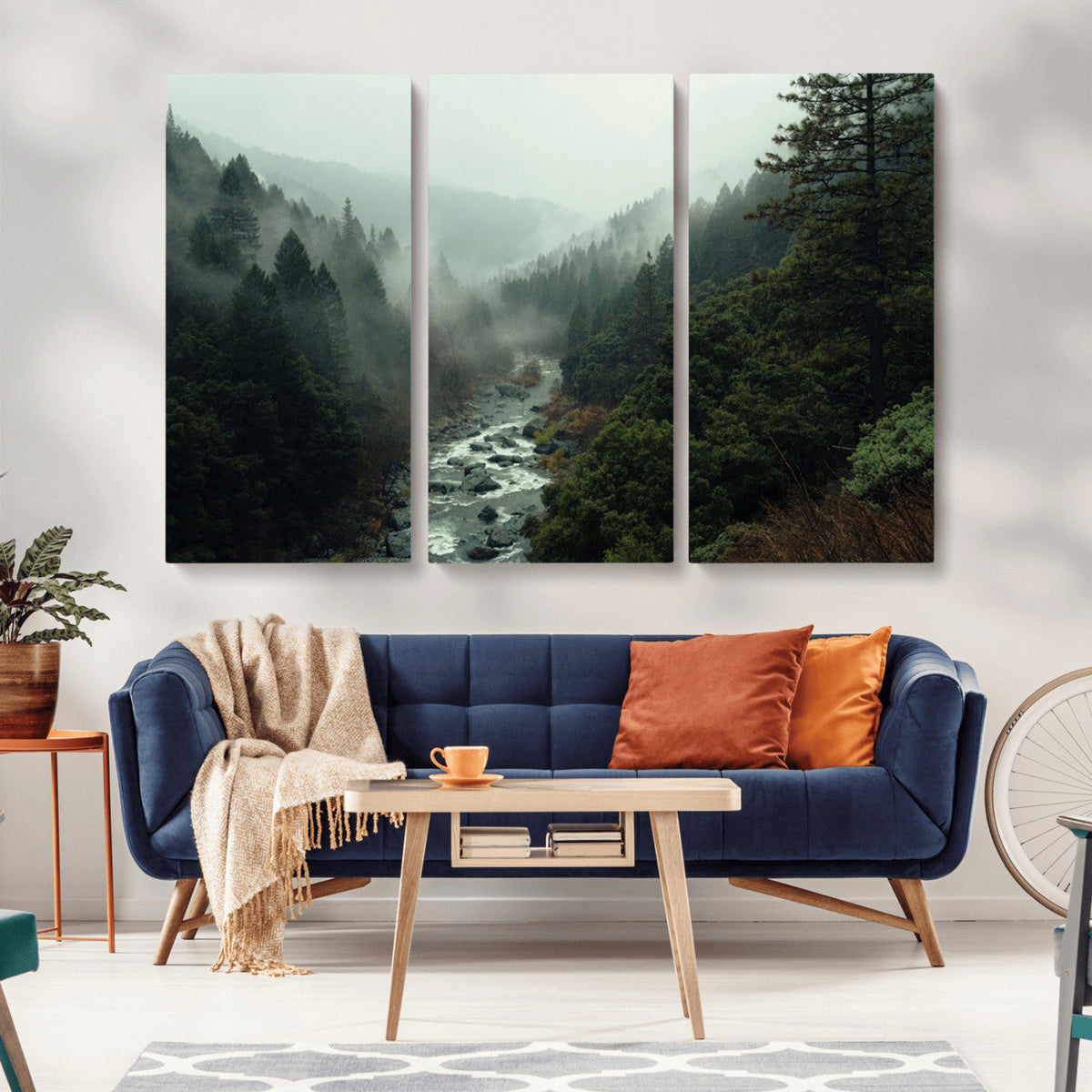Misty Forest Wall Art, Tranquil Nature Landscape, Ready to Hang | Extra Large 3 Piece Canvas Wall Art