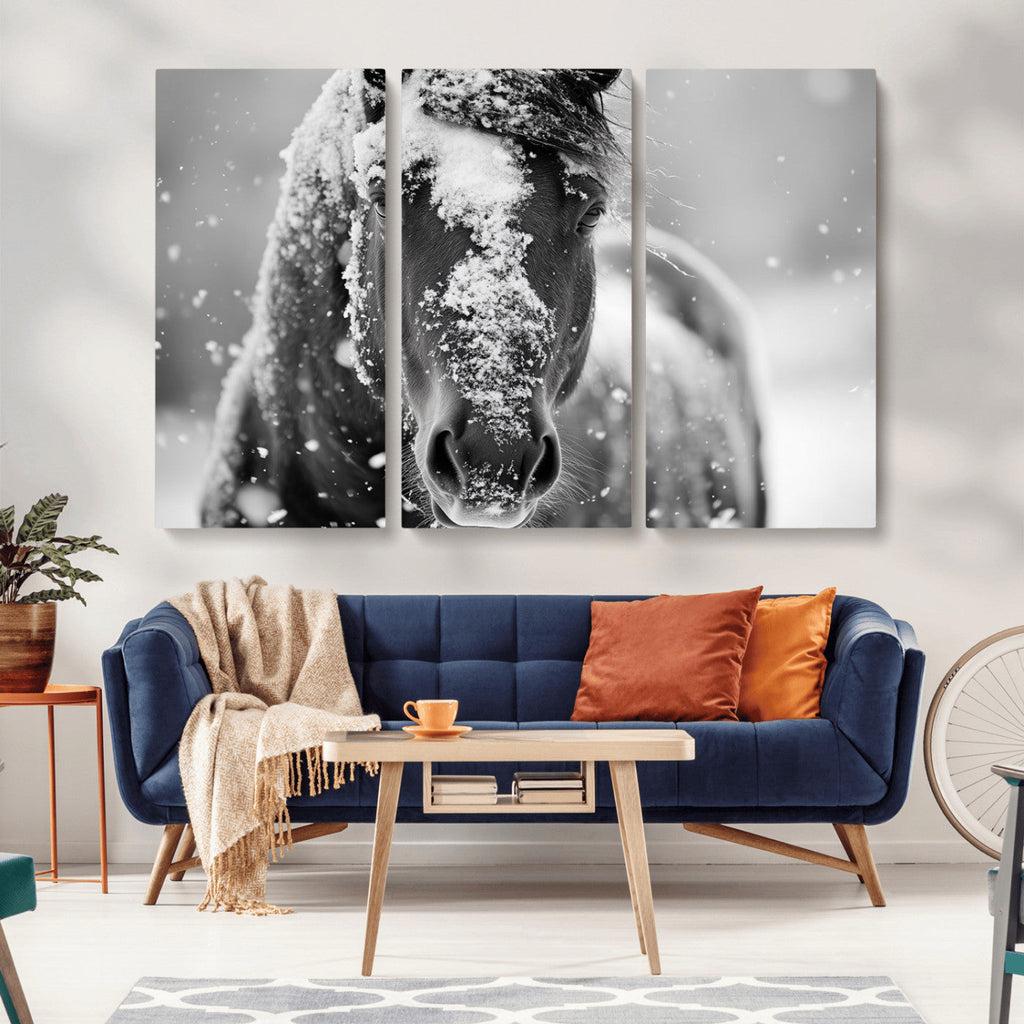 Black and White Horse Winter Wall Art, Ready to Hang