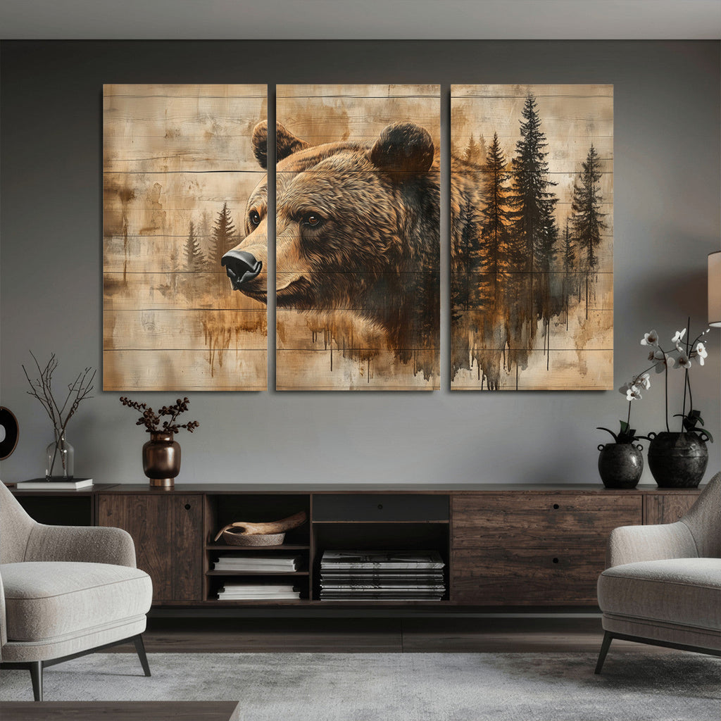 Rustic Grizzly Bear Wall Art, Abstract Grizzly 399 Bear Canvas Print, Woodland Wildlife