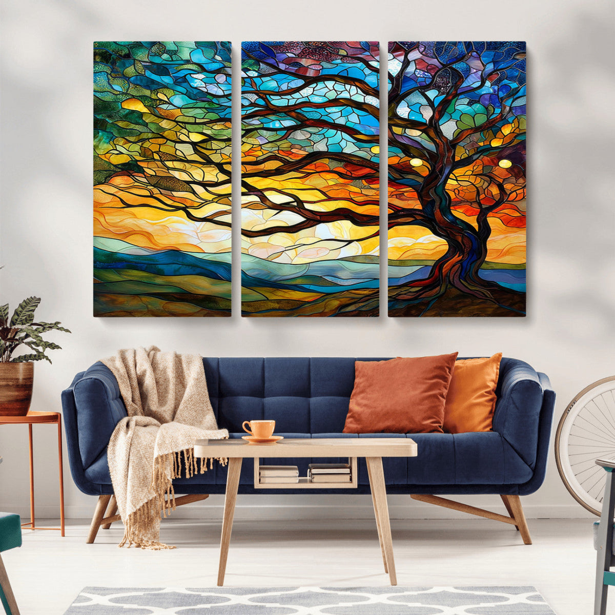 Vibrant Mosaic Tree of Life Wall Art, Stained Glass Style Canvas Print