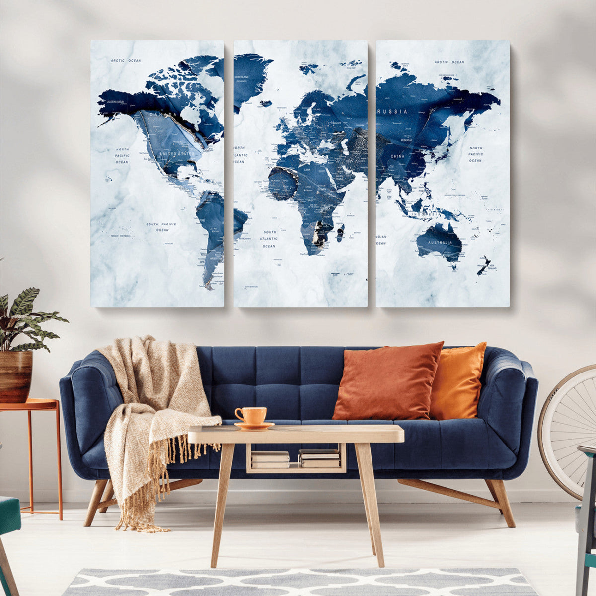 Modern Blue World Map Canvas Print | Elegant Travel Map Wall Art for Home Office