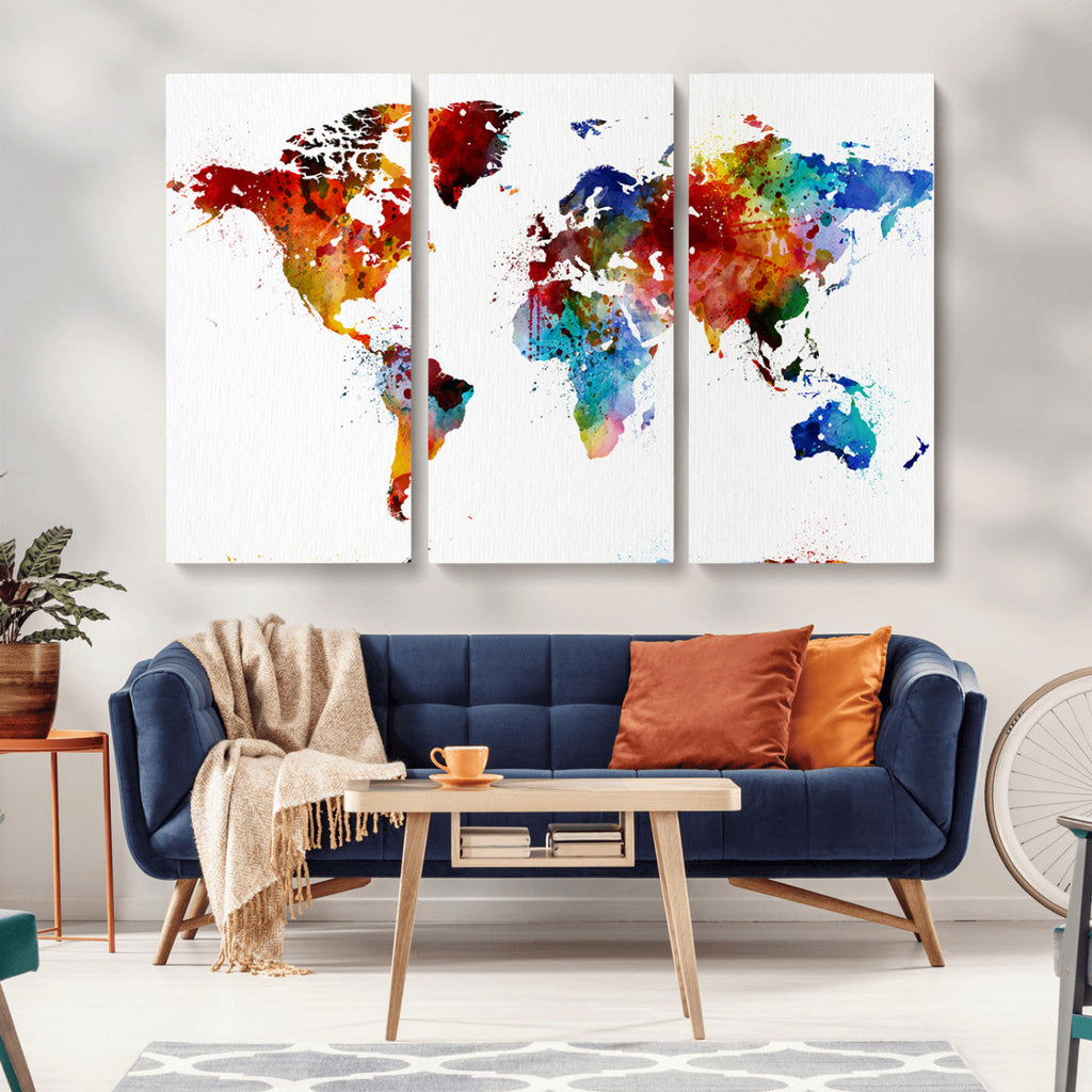 Colorful World Map Canvas Wall Art Print, Contemporary Global Map Artwork