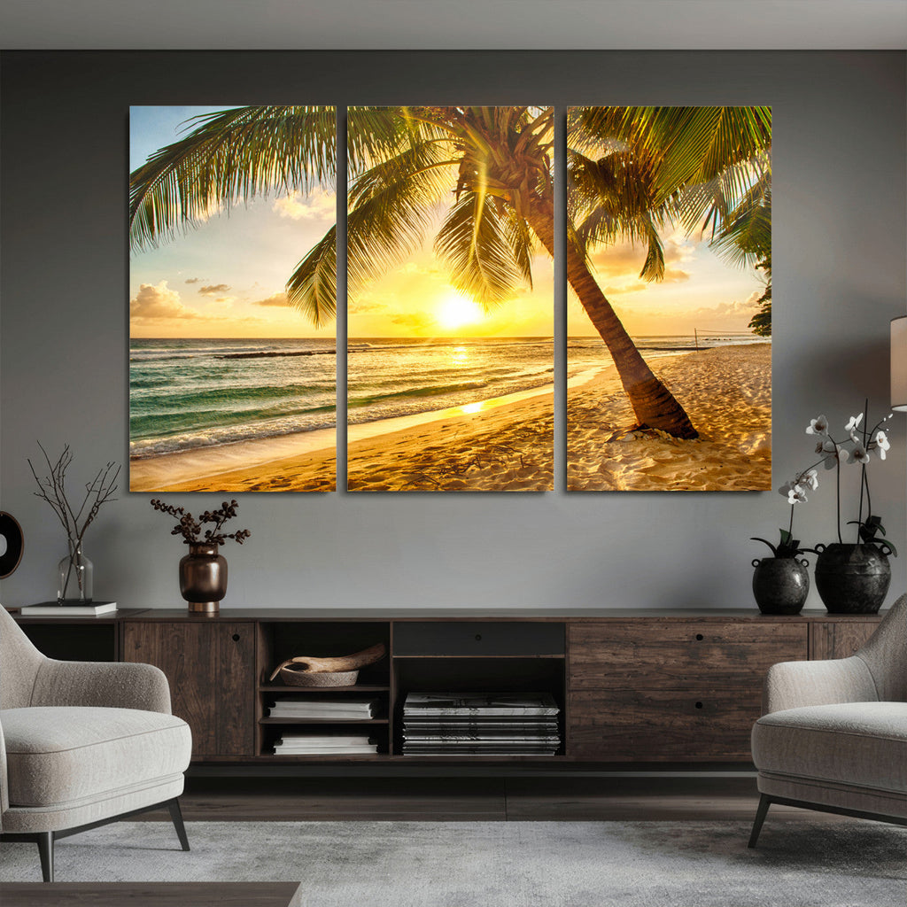 Beach Sunset Canvas Wall Art Print - Tropical Beach Canvas With Palm Trees