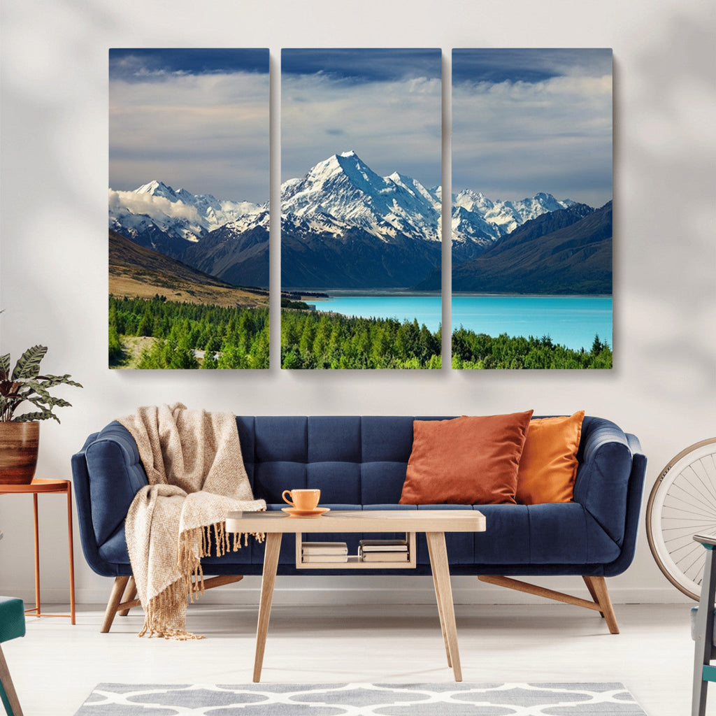 Mount Cook and Lake Pukaki Canvas Wall Art Print | Majestic Snow Capped Peaks