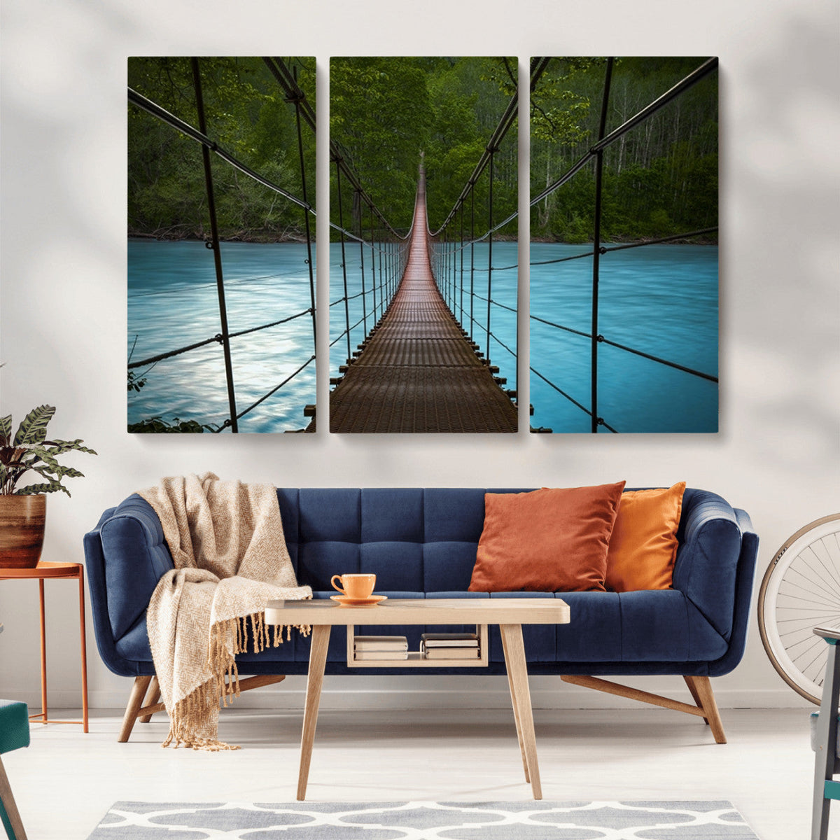 Suspension Bridge Over River Canvas Art | 3-Panel Nature Wall Art