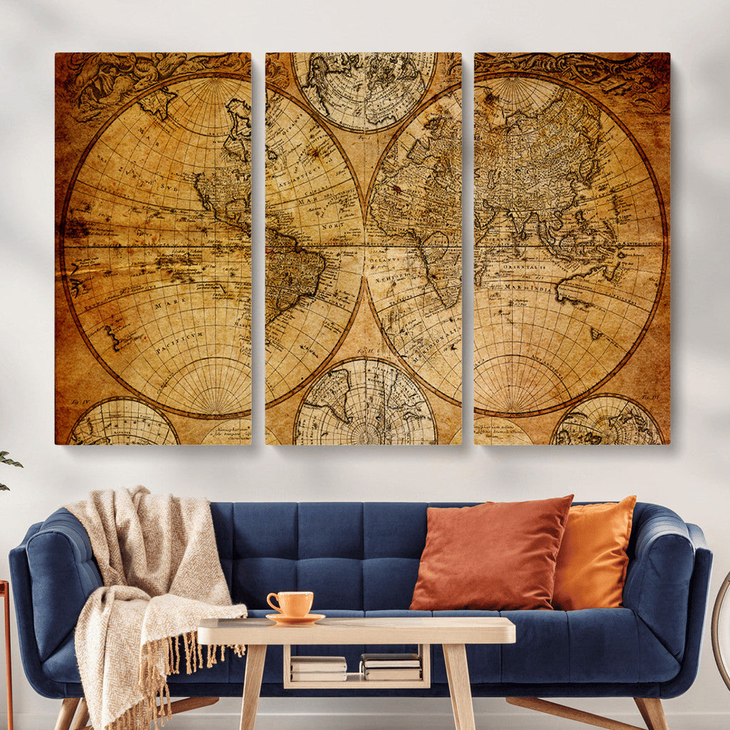 Vintage World Map Canvas Print | Antique Push Pin Travel Map