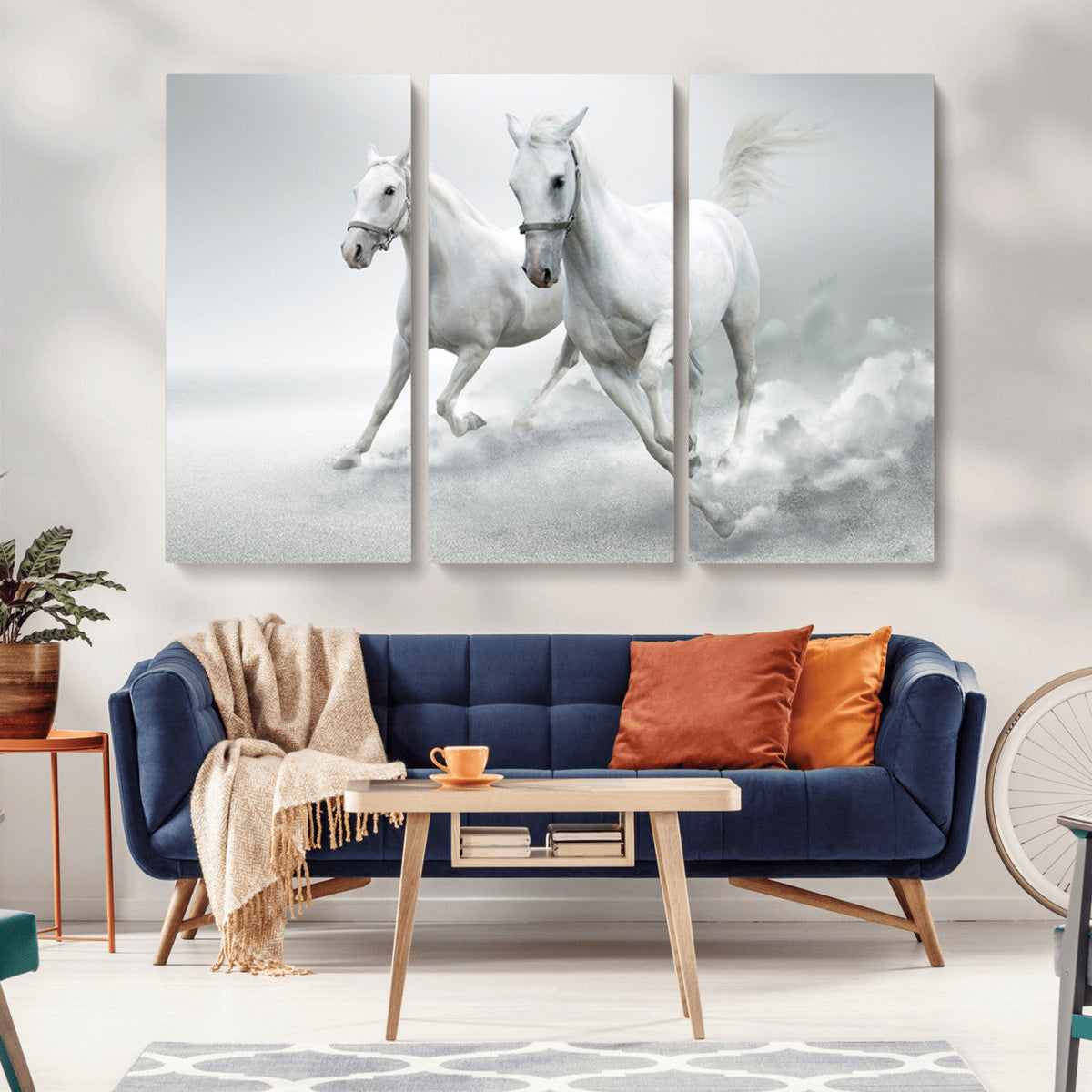Large Wall Art Canvas Print, Beautiful Running White Horses