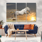 Large Wall Art Canvas Print, White Jumping Horse at Sunset