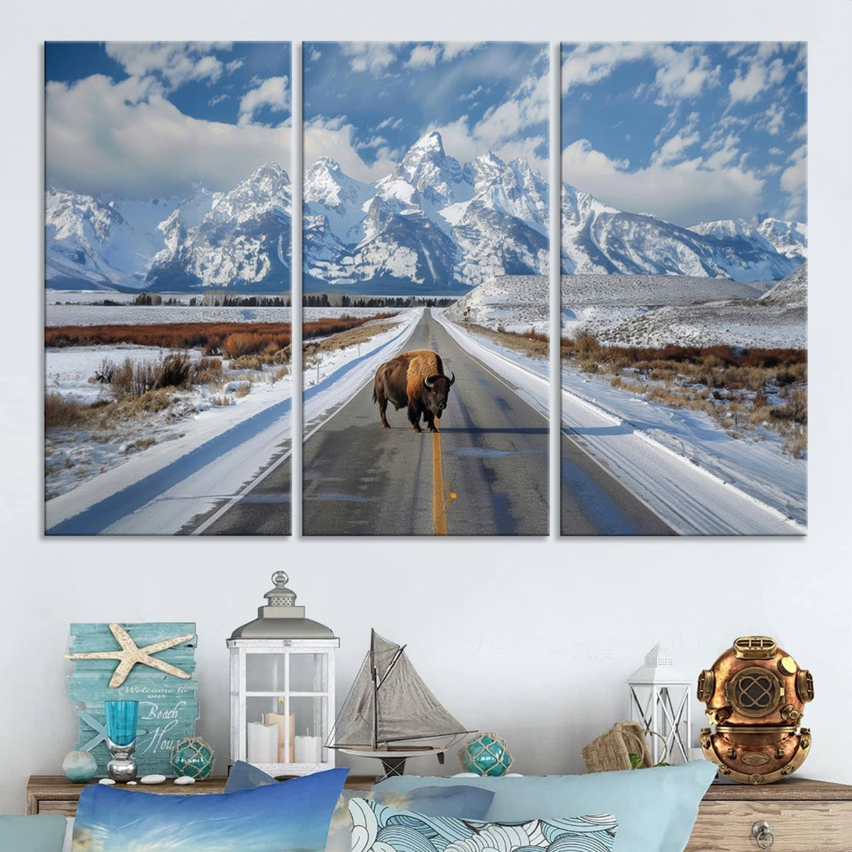 Bison Wall Art | Snowy Road Wall Art | Framed Mountain Landscape Canvas