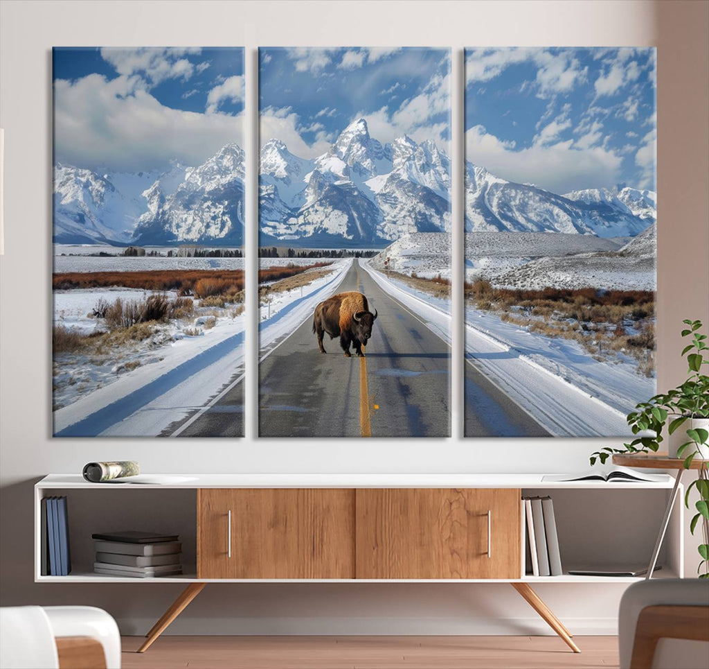 Bison Wall Art | Snowy Road Wall Art | Framed Mountain Landscape Canvas