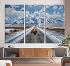 Bison Wall Art | Snowy Road Wall Art | Framed Mountain Landscape Canvas