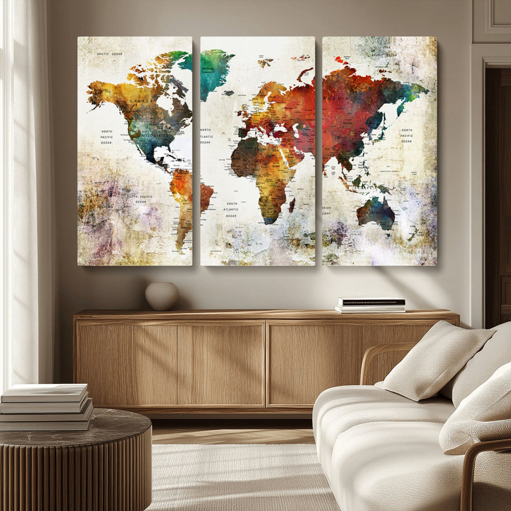 Watercolor World Map Canvas Print | Framed Travel Map Wall Art for Couples
