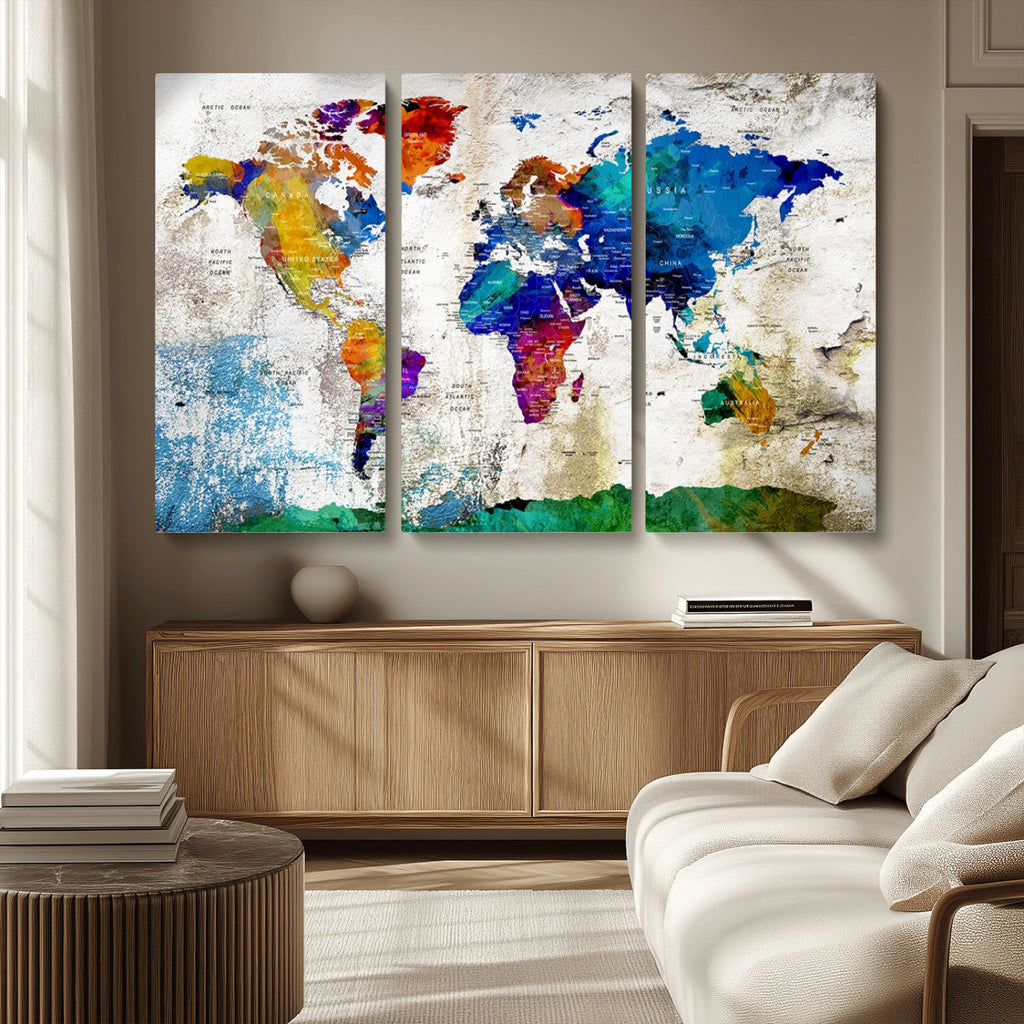 Navy Blue and Orange Watercolor World Map Canvas Print | Framed Travel Map