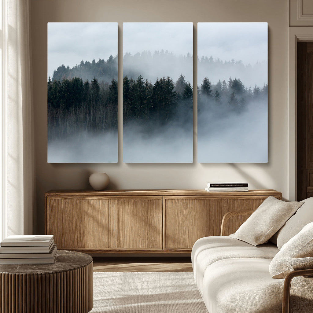 Autumn and Misty Trees in the Forest Wall Art Canvas Print, Foggy Forest Mountain Wall Art