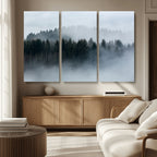 Autumn and Misty Trees in the Forest Wall Art Canvas Print, Foggy Forest Mountain Wall Art