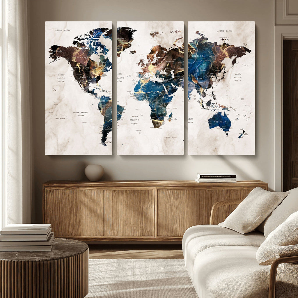 Abstract Earth Tone Blue World Map Canvas Print | Framed Travel Map Wall Art