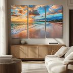 Sunset Beach Canvas Wall Art | Tropical Triptych Seascape Print