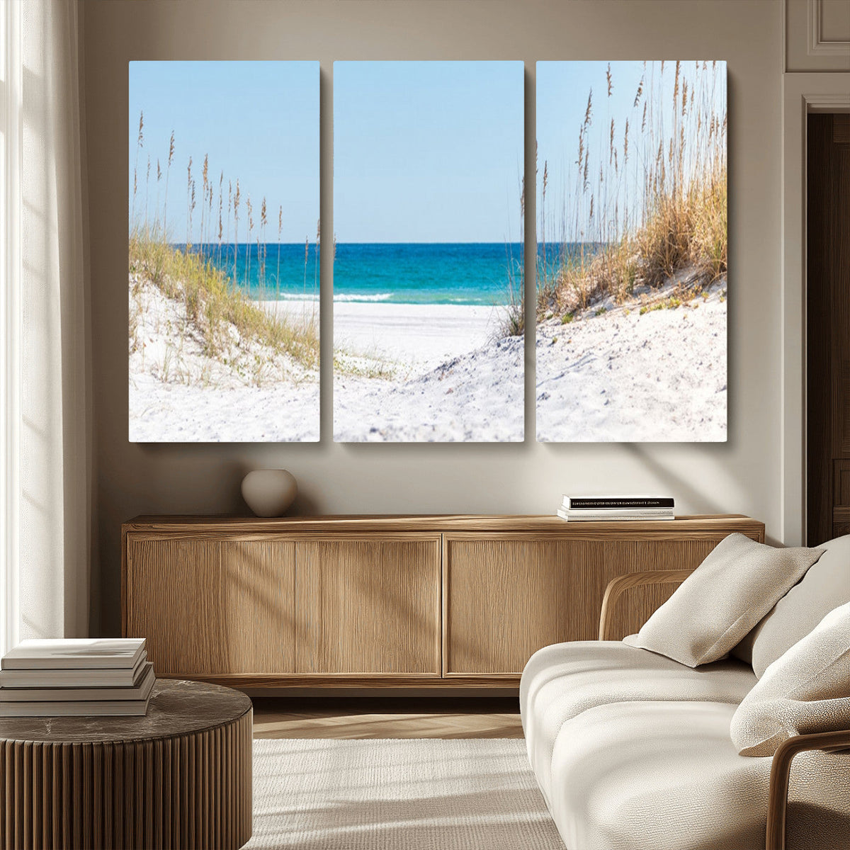 Serene Coastal Dune Path with Ocean View, 3-Panel Beach Canvas Wall Art