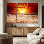 Red Sunset Ocean Beach Canvas Wall Art, Coastal Sunset Print