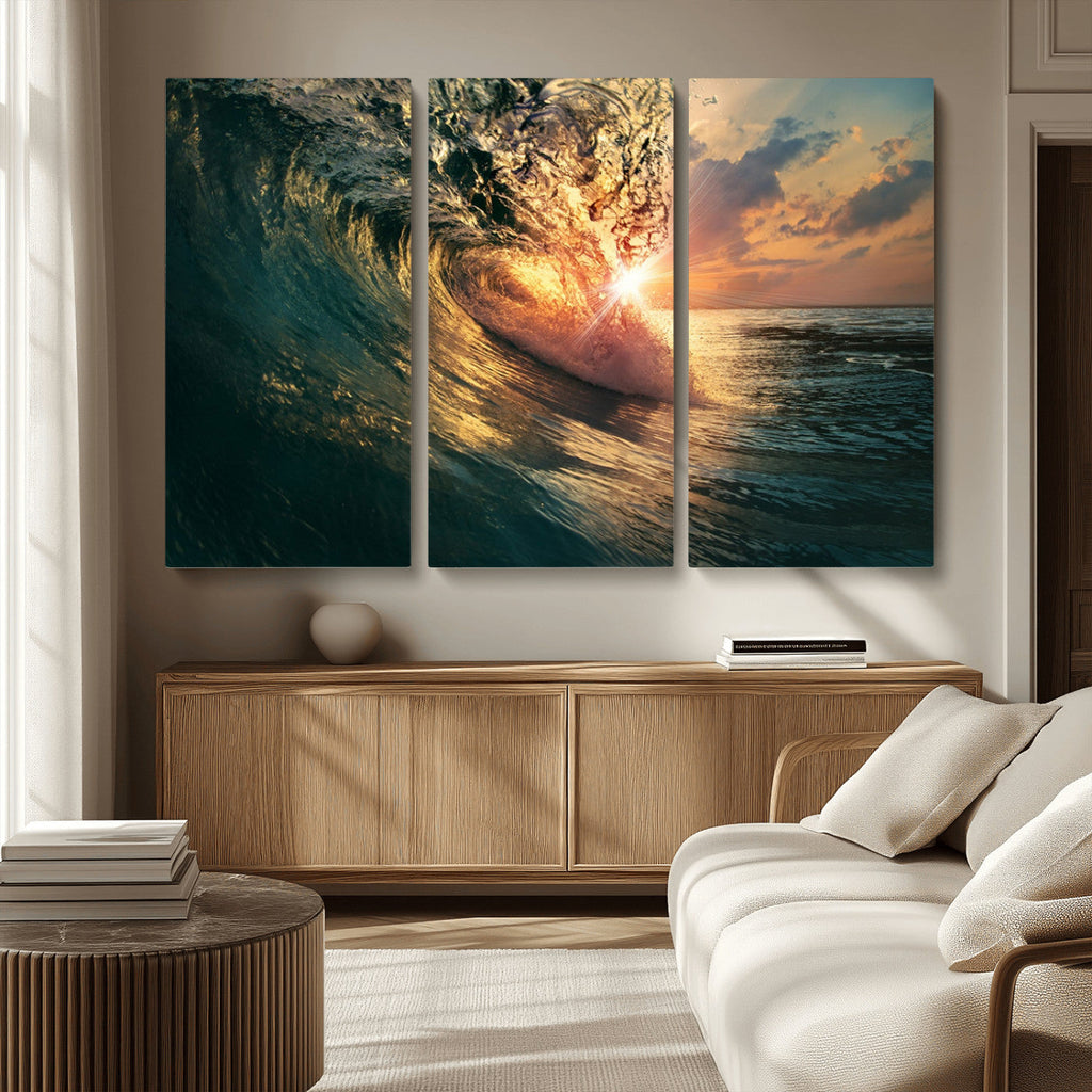 Ocean Wave Sunset Canvas Wall Art | Triptych Seascape Print