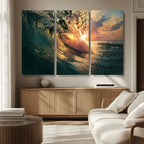 Ocean Wave Sunset Canvas Wall Art | Triptych Seascape Print
