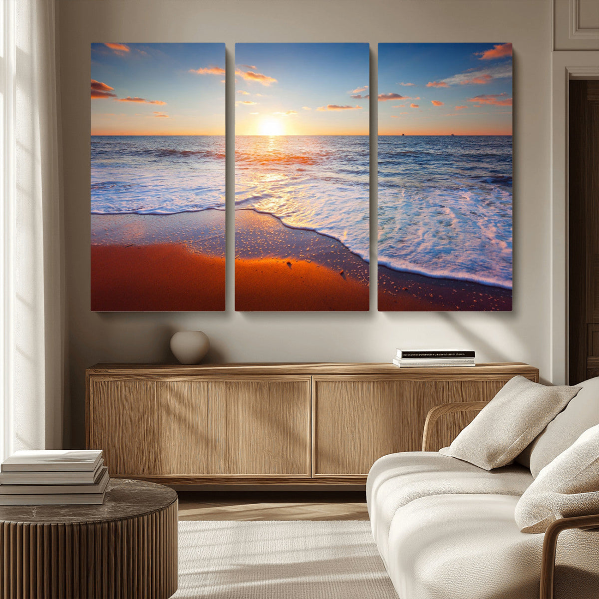 Tropical Ocean Sunset Wall Art Canvas Print, Golden Beach Horizon, Coastal Island Decor