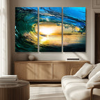 Ocean Wave at Sunset Canvas Art, Large Wall Print of Vibrant Surfing Wave