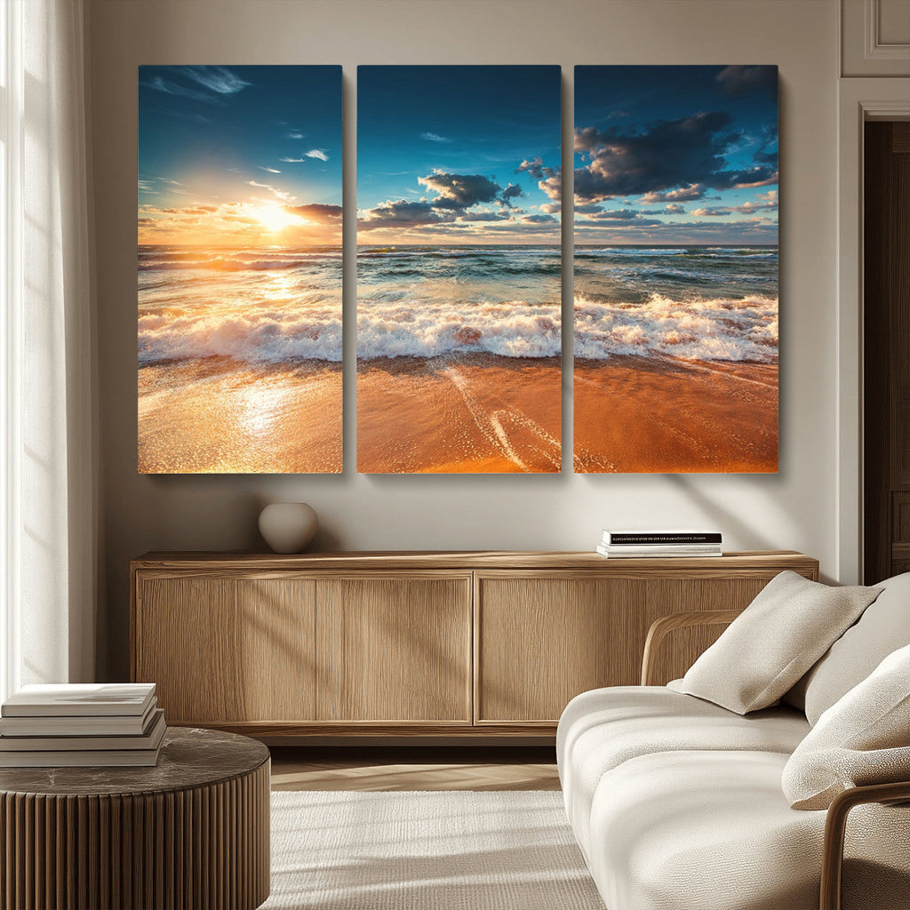 Golden Sunset Beach Triptych Canvas Art, Giclee Coastal Wall Decor, Ocean Waves Print