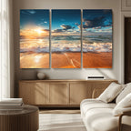 Golden Sunset Beach Triptych Canvas Art, Giclee Coastal Wall Decor, Ocean Waves Print