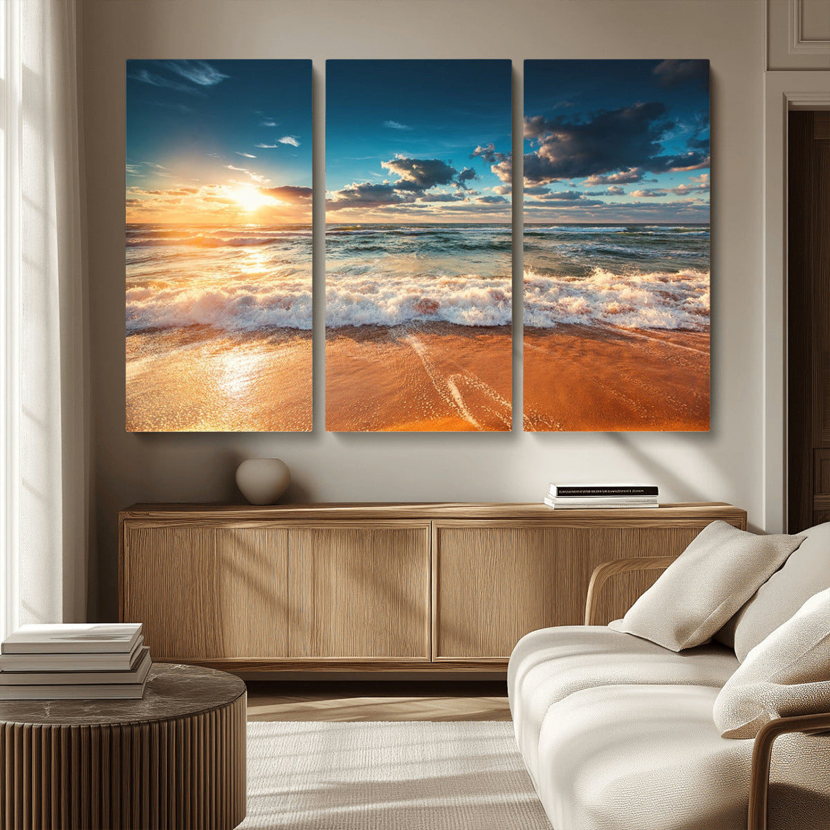Golden Sunset Beach Triptych Canvas Art, Giclee Coastal Wall Decor, Ocean Waves Print