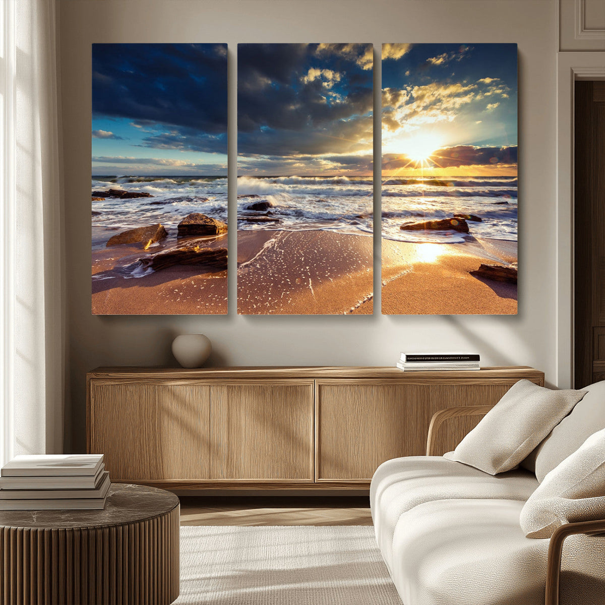 Golden Hour Beach Sunset Canvas Triptych, Ocean Waves and Rocks Wall Art