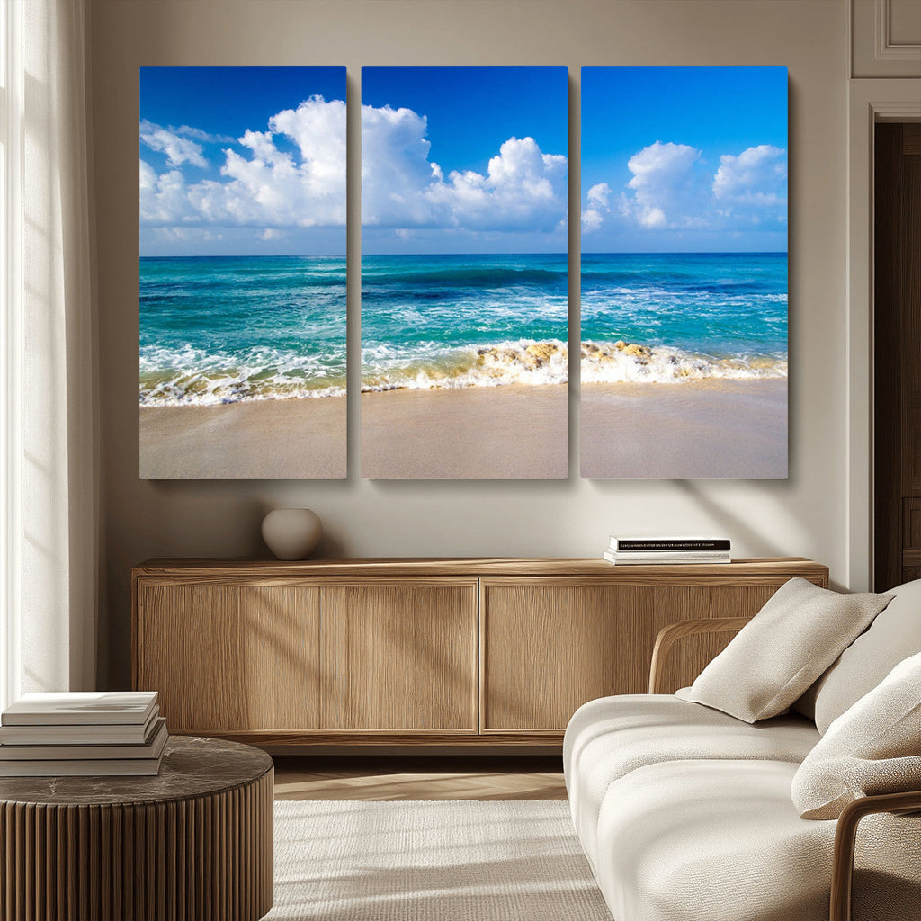 Tropical Beach 3-Panel Canvas Wall Art | Serene Ocean Waves and Blue Sky Print
