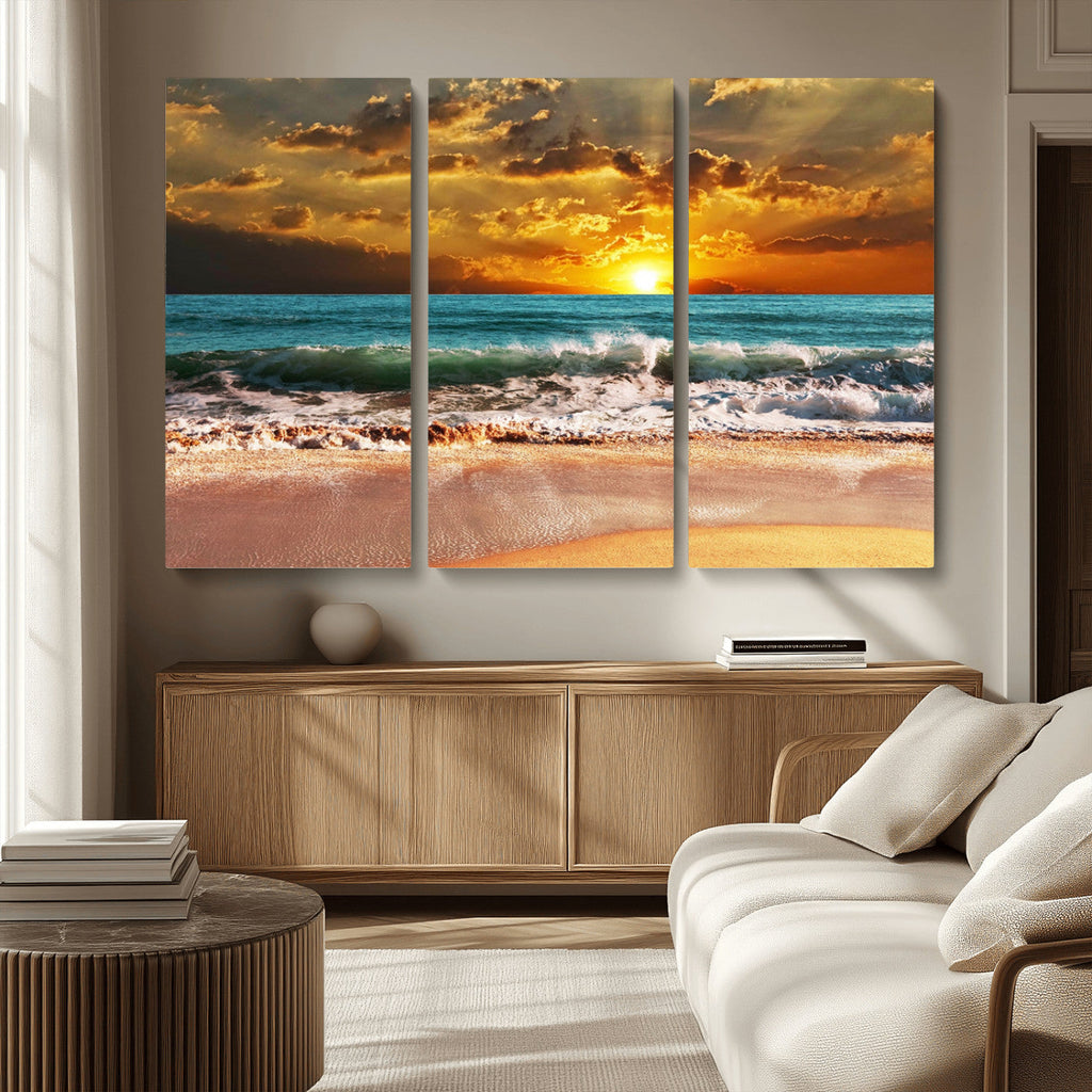 Golden Sunset Beach Canvas Wall Art | Triptych Seascape Print, Framed and Ready to Hang