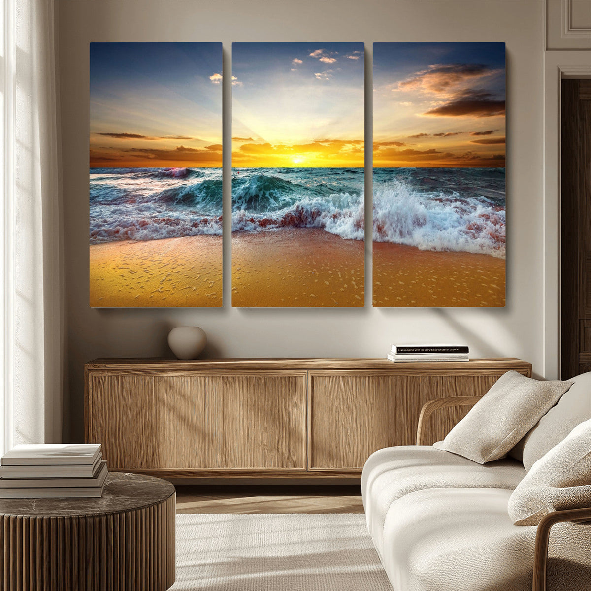 Golden Sunset Ocean Waves Wall Art Canvas Print | Multi Panel Beach Canvas Set, Coastal Triptych