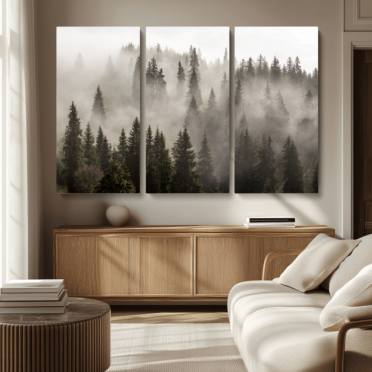 Foggy Mountain Wall Art | 3-Panel Foggy Forest and Mountain Landscape Canvas Print