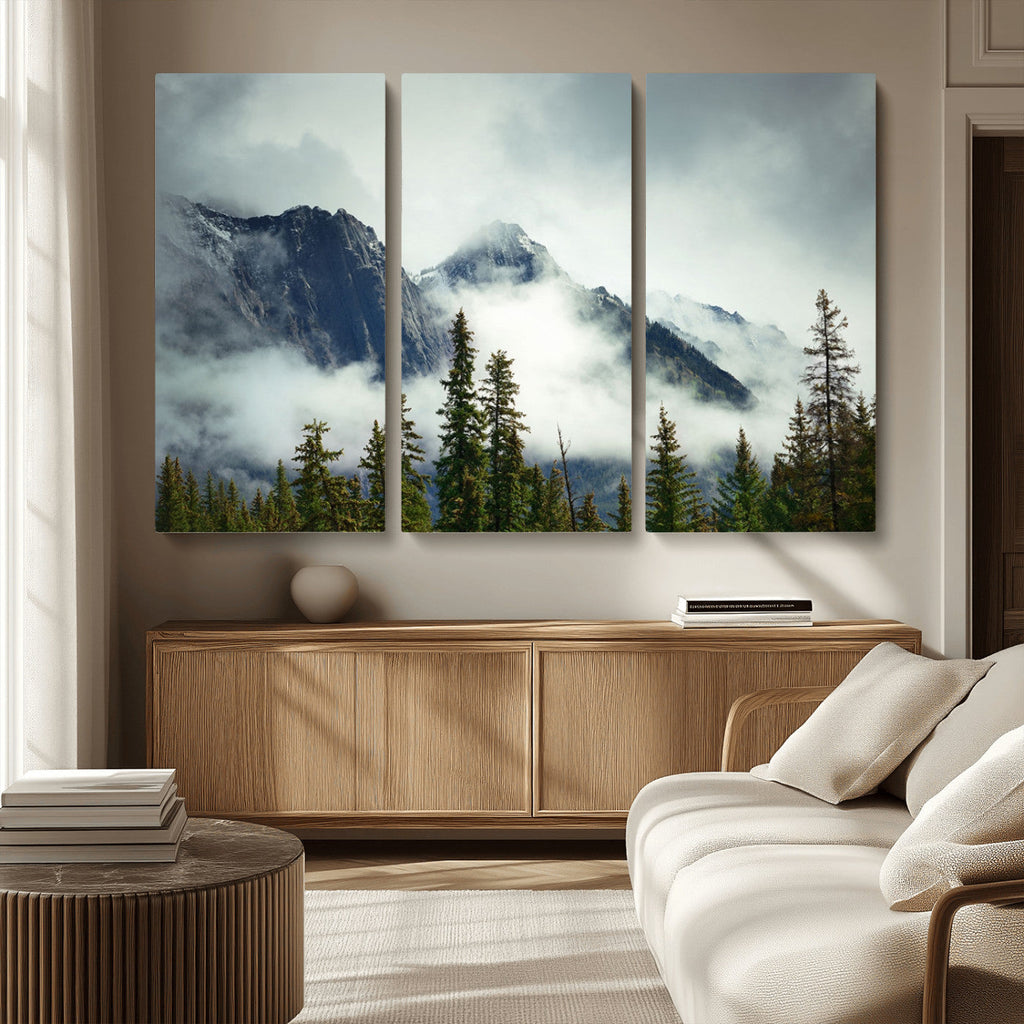 Mountain Mist Canvas Wall Art Print | 3-Panel Foggy Forest and Mountain Landscape