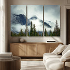 Mountain Mist Canvas Wall Art Print | 3-Panel Foggy Forest and Mountain Landscape