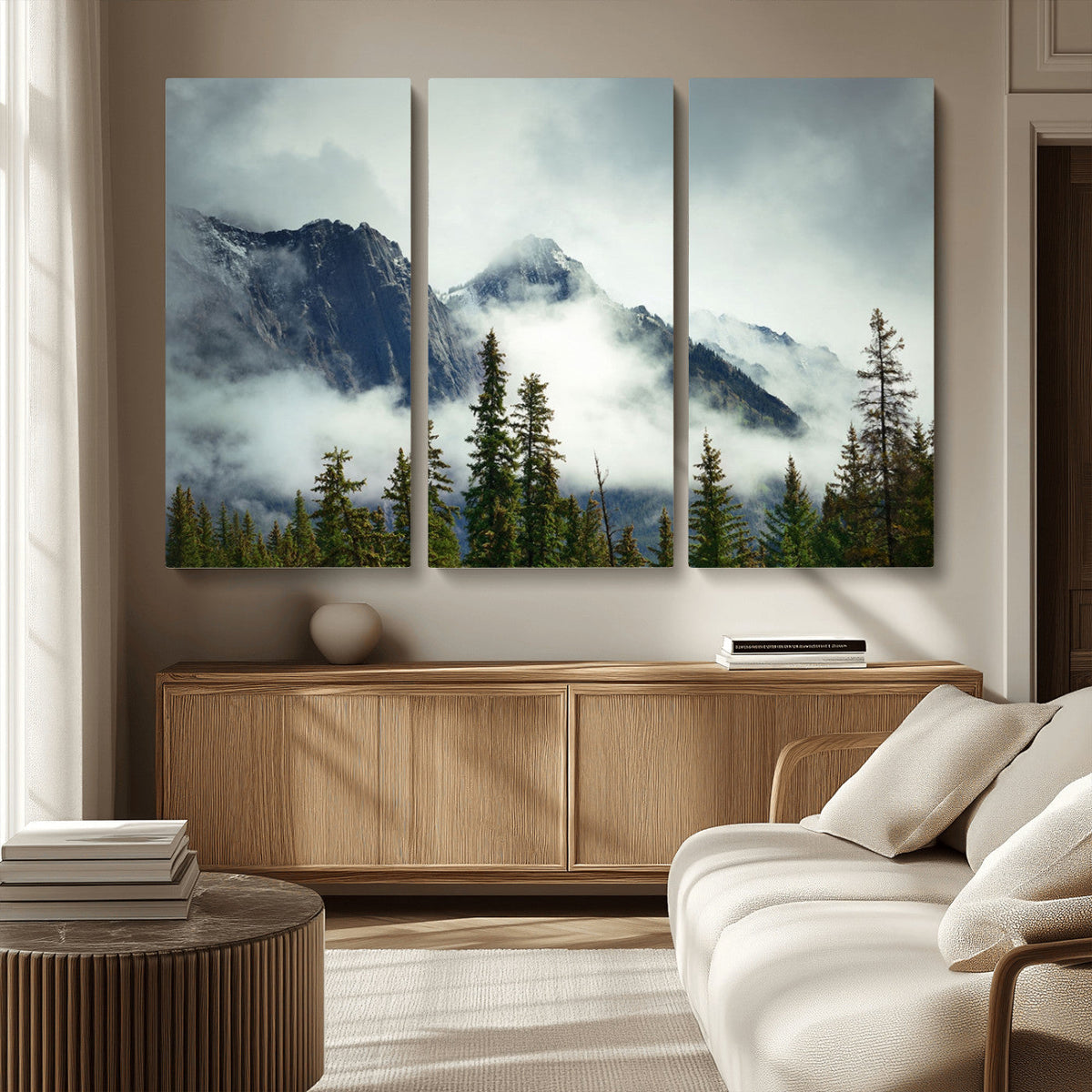 Mountain Mist Canvas Wall Art Print | 3-Panel Foggy Forest and Mountain Landscape