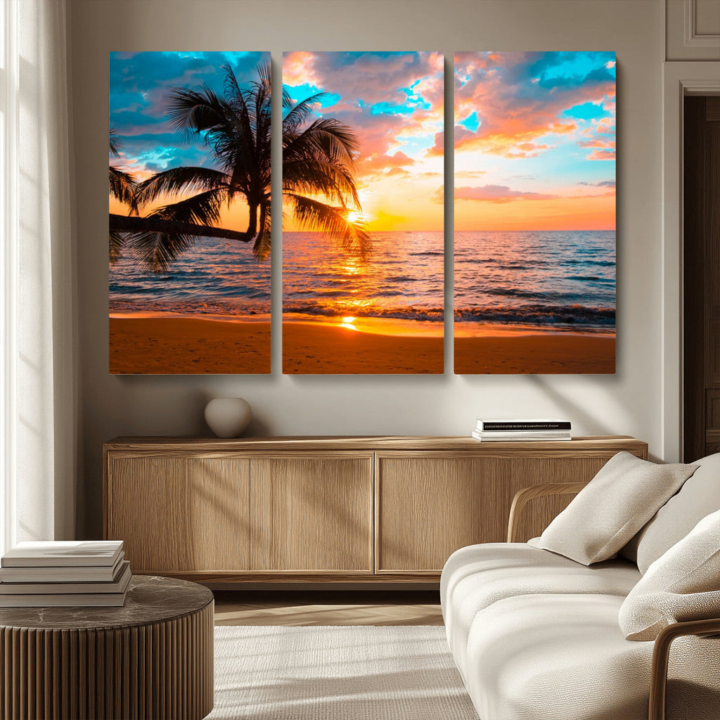 Palm Tree Sunset On The Beach Wall Art Canvas, Framed Palm Tree Sunset Canvas Print